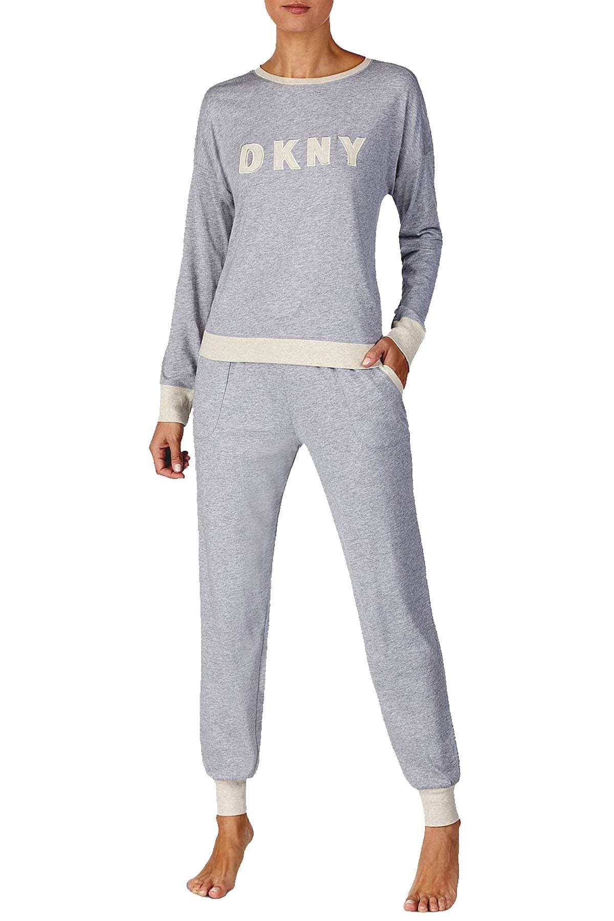 DKNY Heather Grey Embroidered Top/Jogger Pajama Set