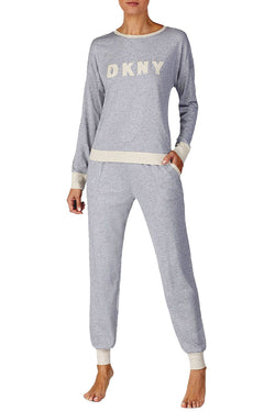 DKNY Heather Grey Embroidered Top/Jogger Pajama Set thumbnail 1