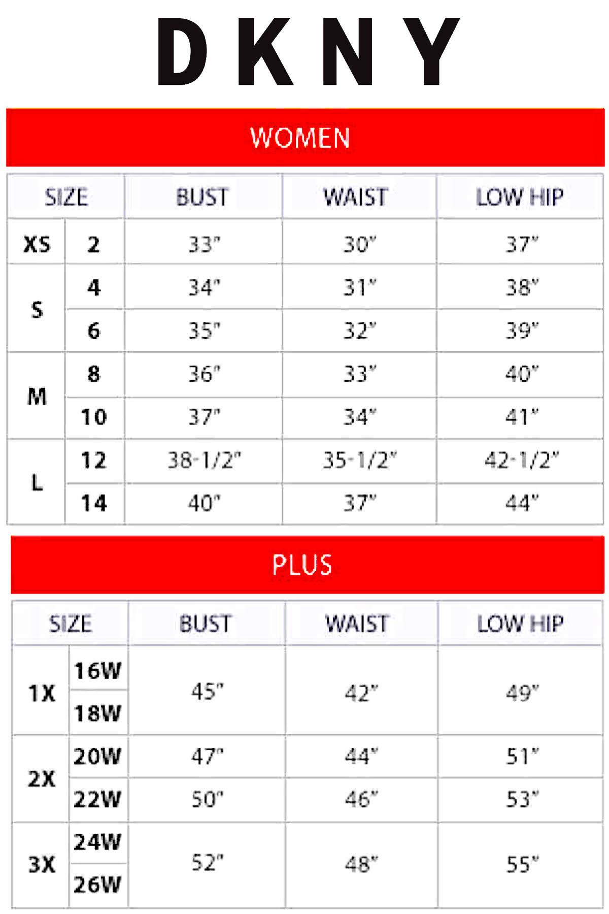 dkny intimates size chart