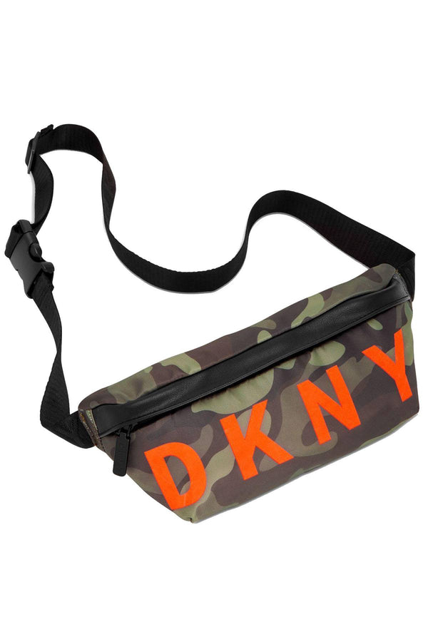 DKNY Nylon Logo Belt Bag in Green Camo/Black