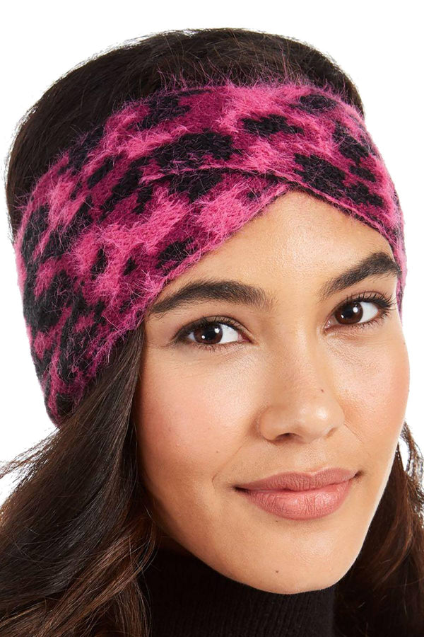 DKNY Pink Fuzzy Animal Print Knit Twist Headband