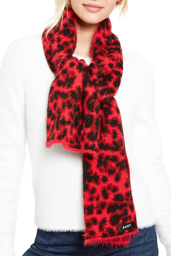 DKNY Red Fuzzy Animal Print Knit Scarf