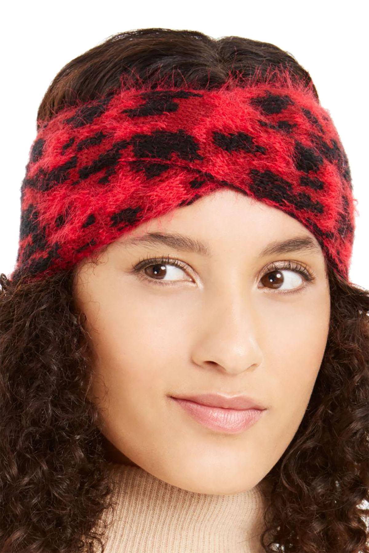 DKNY Red Fuzzy Animal Print Knit Twist Headband