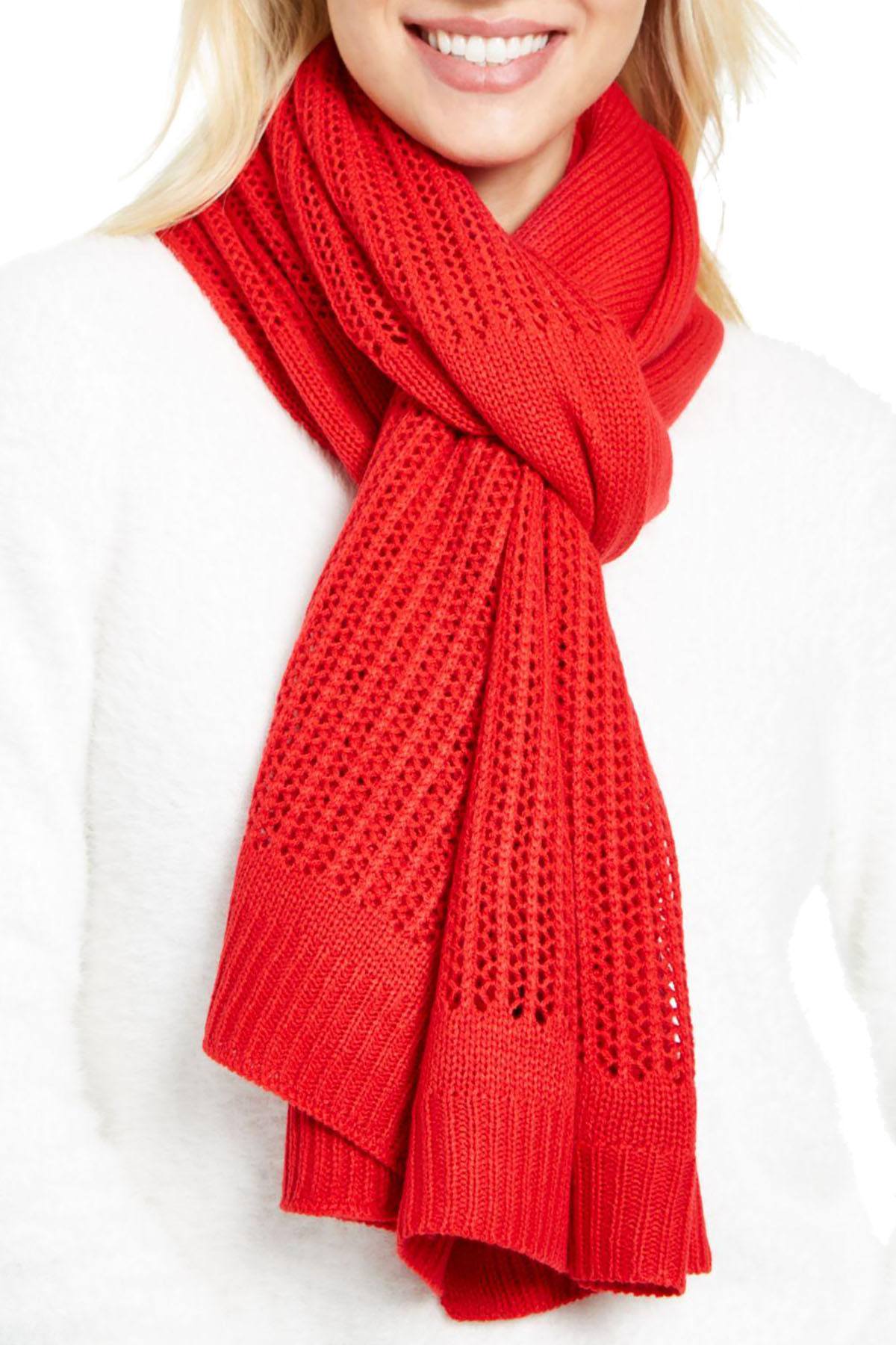 DKNY Red Open Knit Blocked Scarf