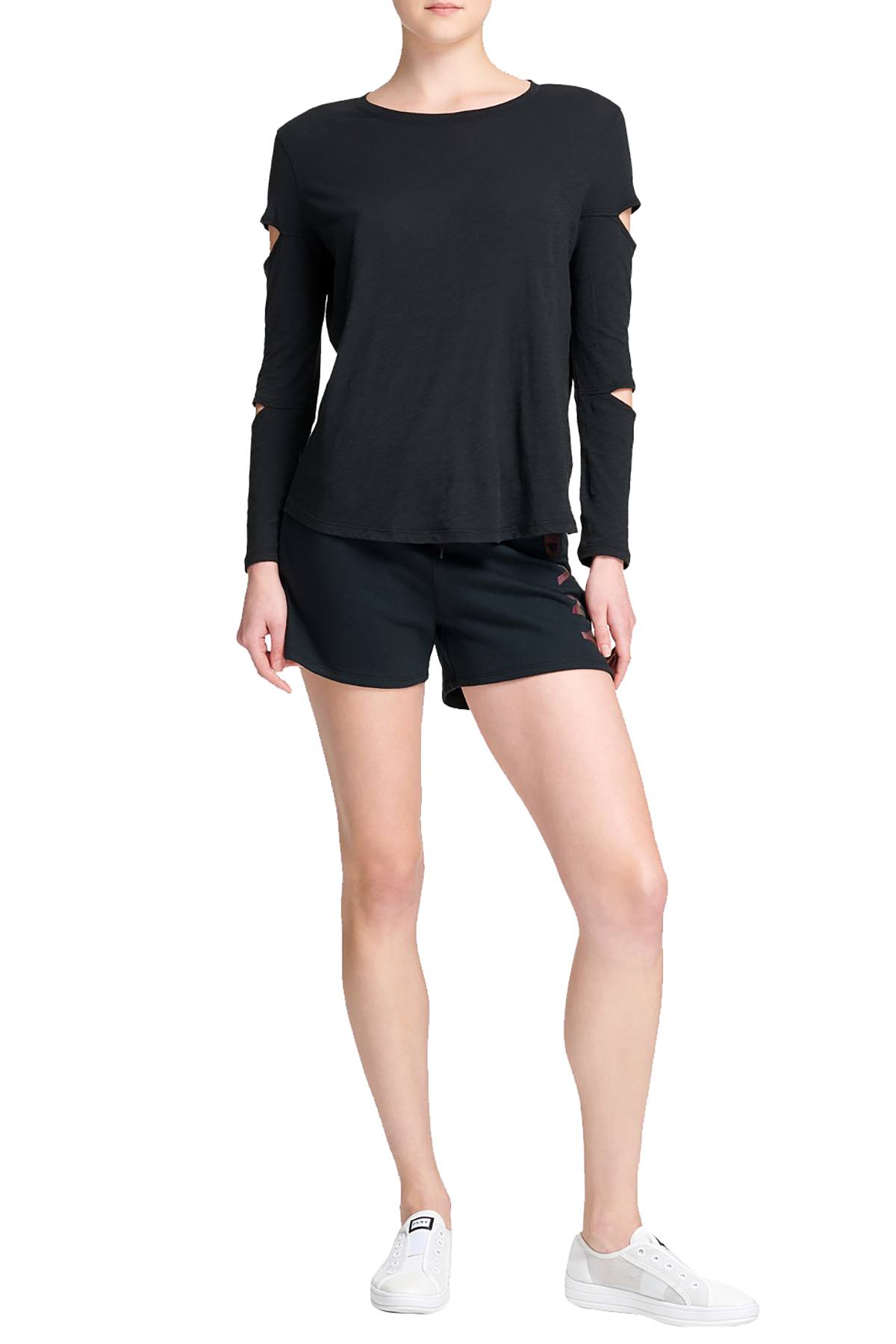 DKNY Sport Black Cotton Long Cutout Sleeve T-Shirt