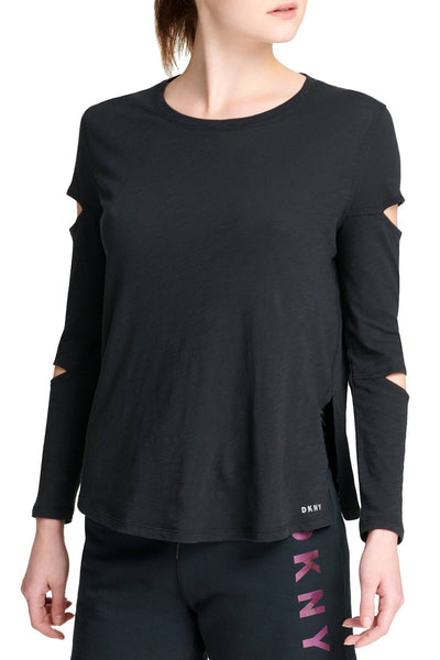 DKNY Sport Black Cotton Long Cutout Sleeve T-Shirt