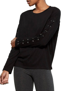 DKNY Sport Black Long Lace-Up Sleeves Modal T-Shirt thumbnail 1