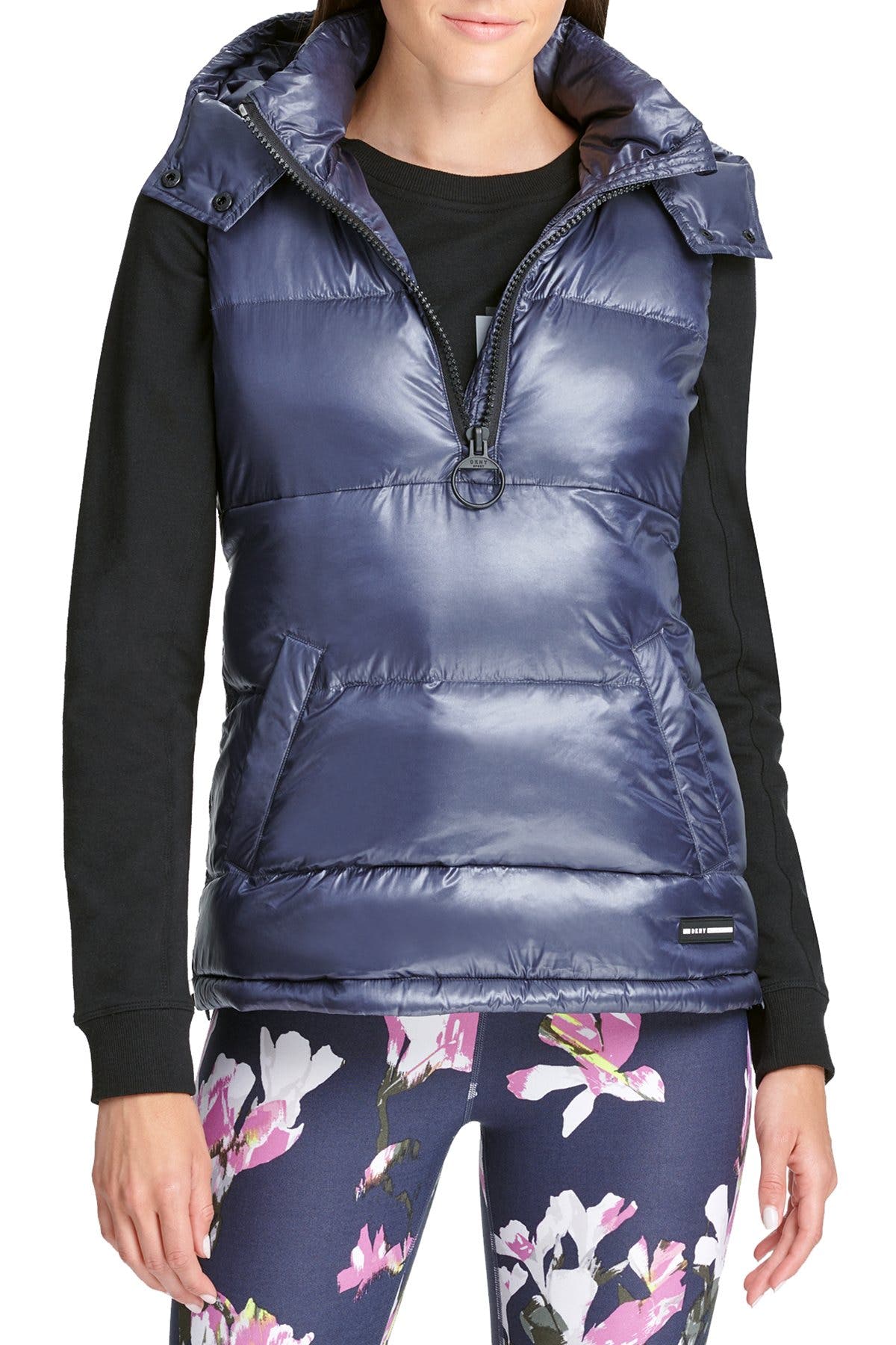 DKNY Sport Metallic Odyseey Quarter Zip Hooded Premium Down Puffer Vest