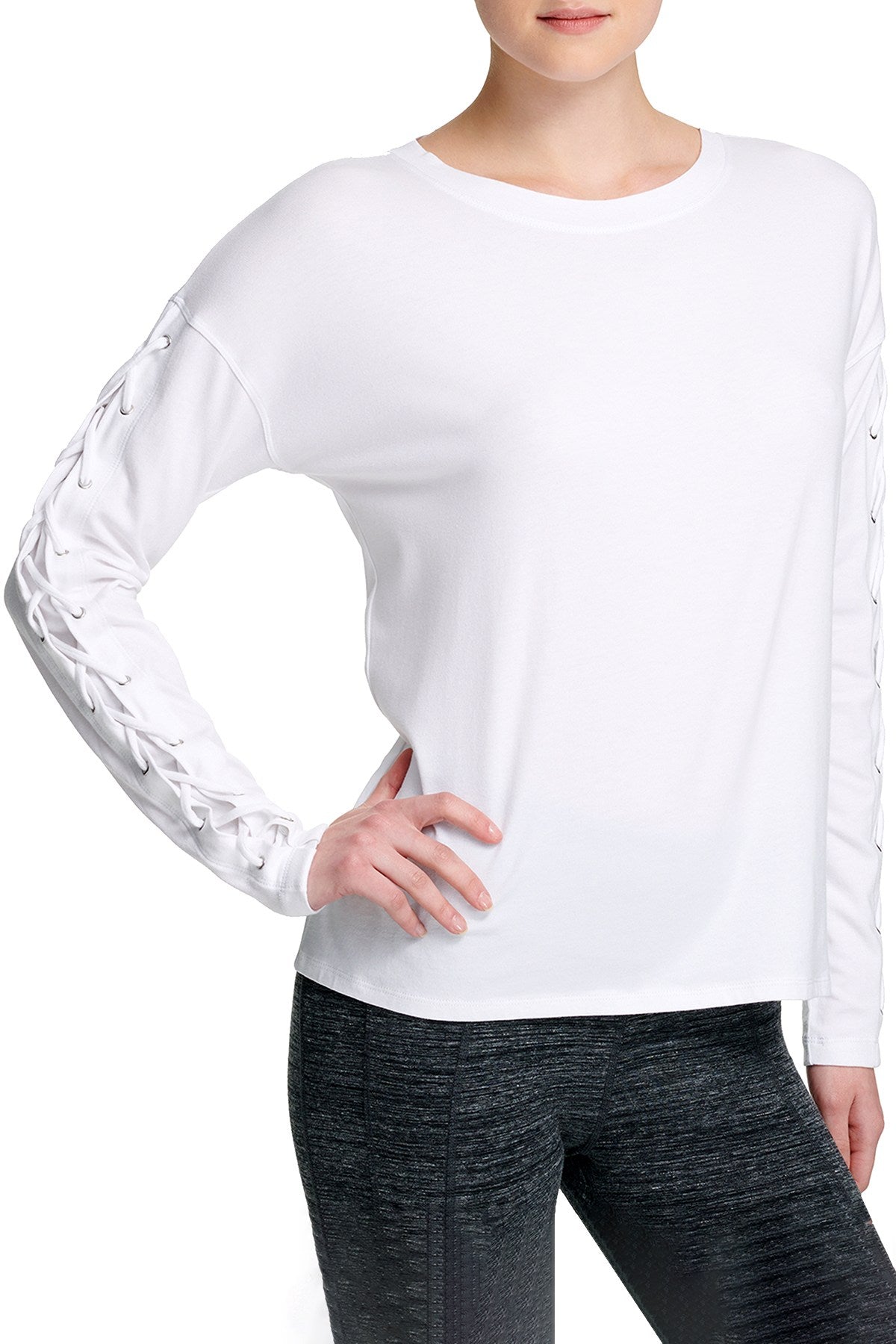 DKNY Sport White Long Lace-Up Sleeves Modal T-Shirt