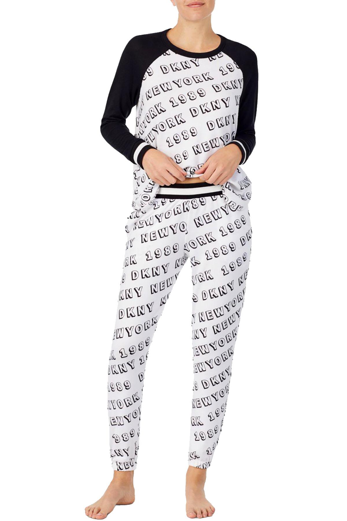 DKNY White/Black Printed Raglan Top / Jogger Pant Pajama Set