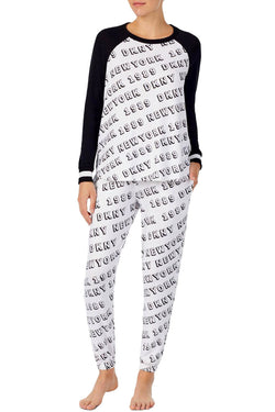 DKNY White/Black Printed Raglan Top / Jogger Pant Pajama Set thumbnail 2