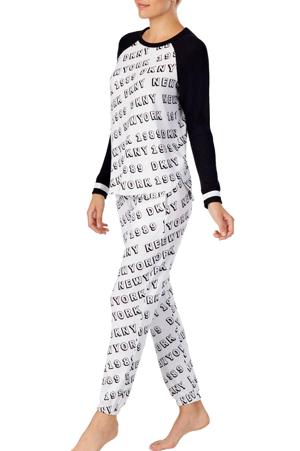 DKNY White/Black Printed Raglan Top / Jogger Pant Pajama Set