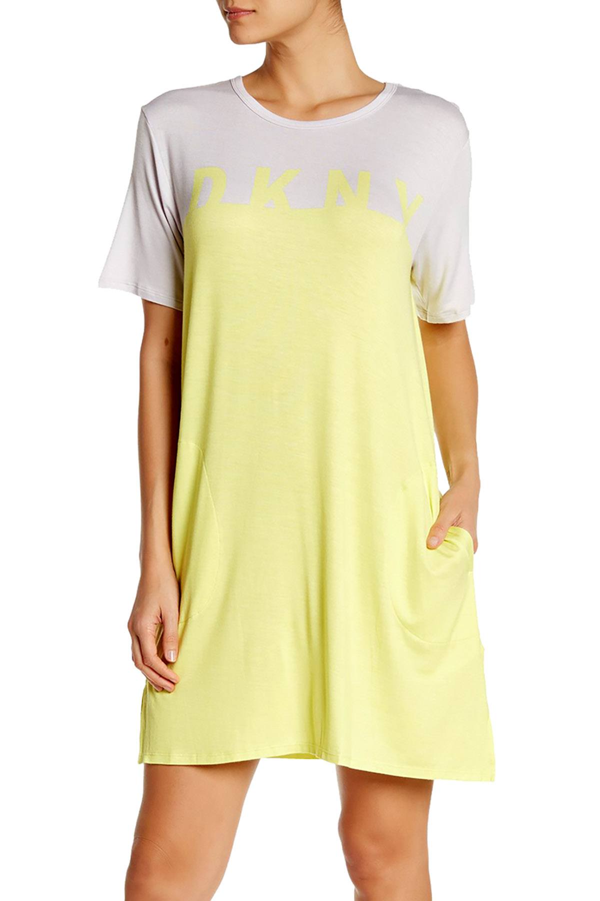 DKNY Yellow/Grey Short Sleeve Logo Colorblock Knit Sleepshirt