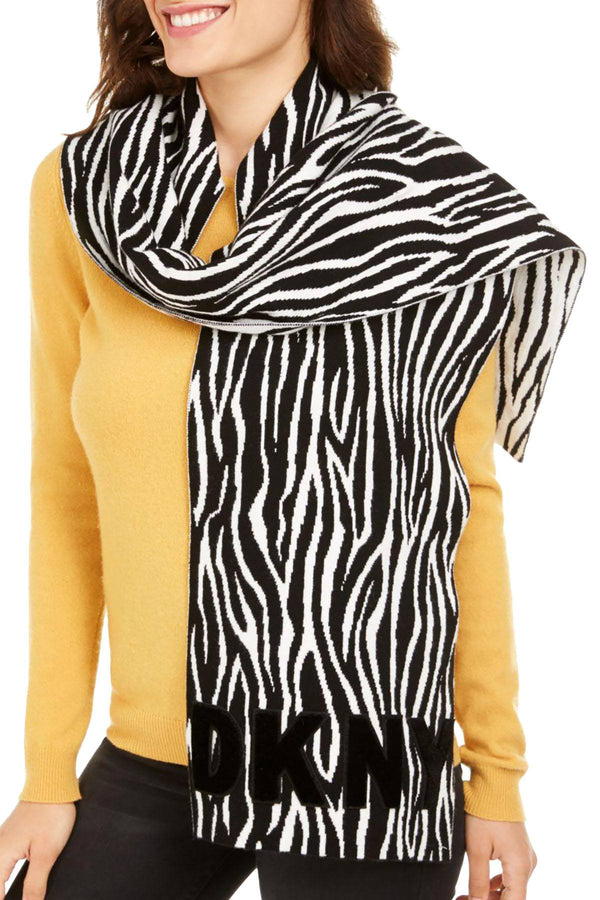 DKNY Zebra Print Logo Velvet Flocked Flat Knit Scarf