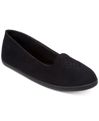 Dearfoams Microfiber Velour Memory Foam Slippers With Embroidery in Black
