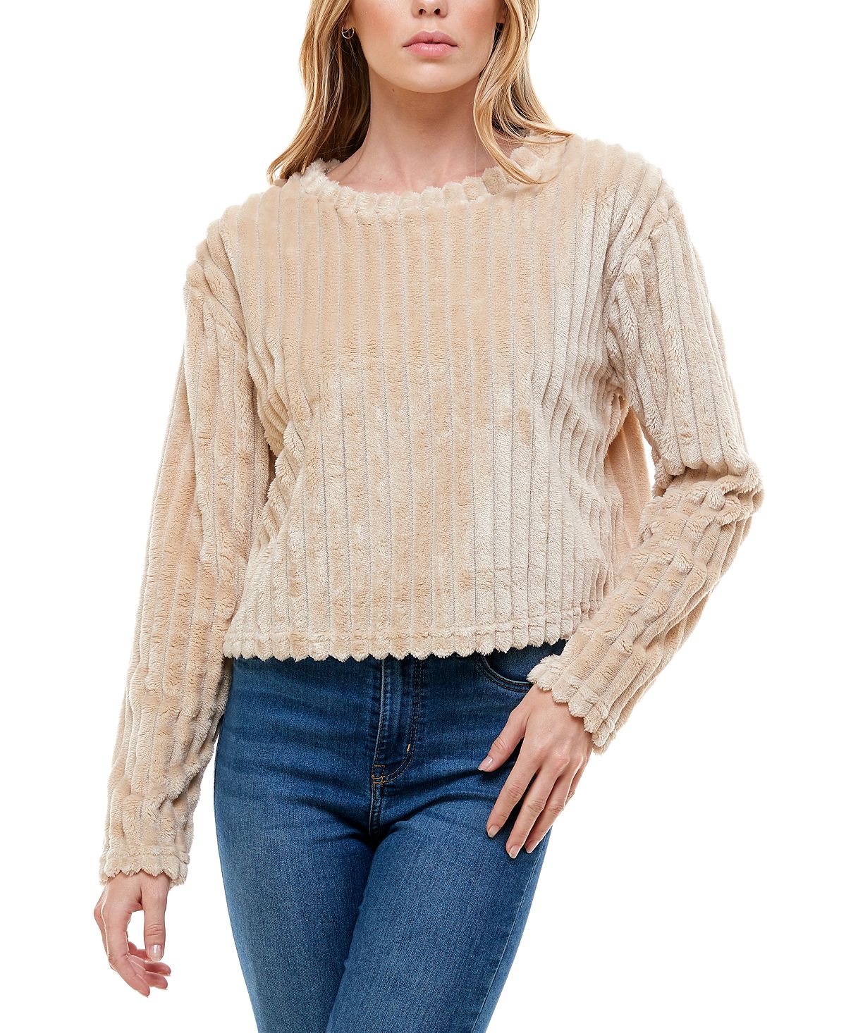 Derek Heart Juniors' Ribbed Faux-fur Top Cement