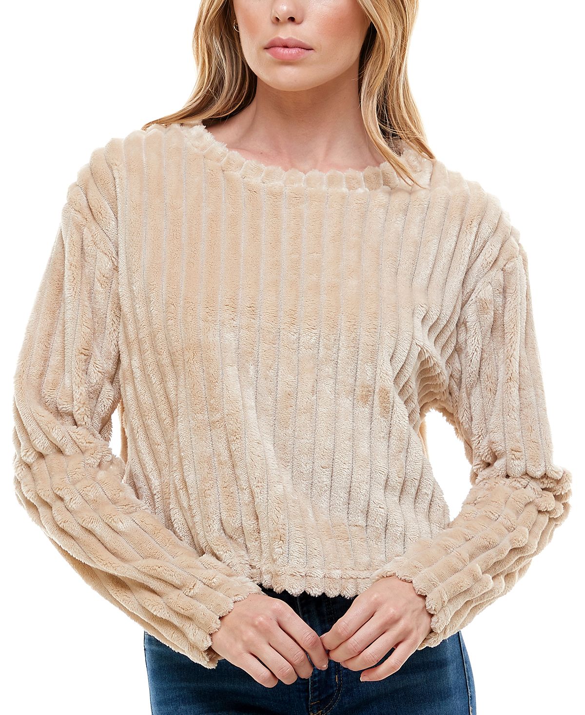 Derek Heart Juniors' Ribbed Faux-fur Top Cement