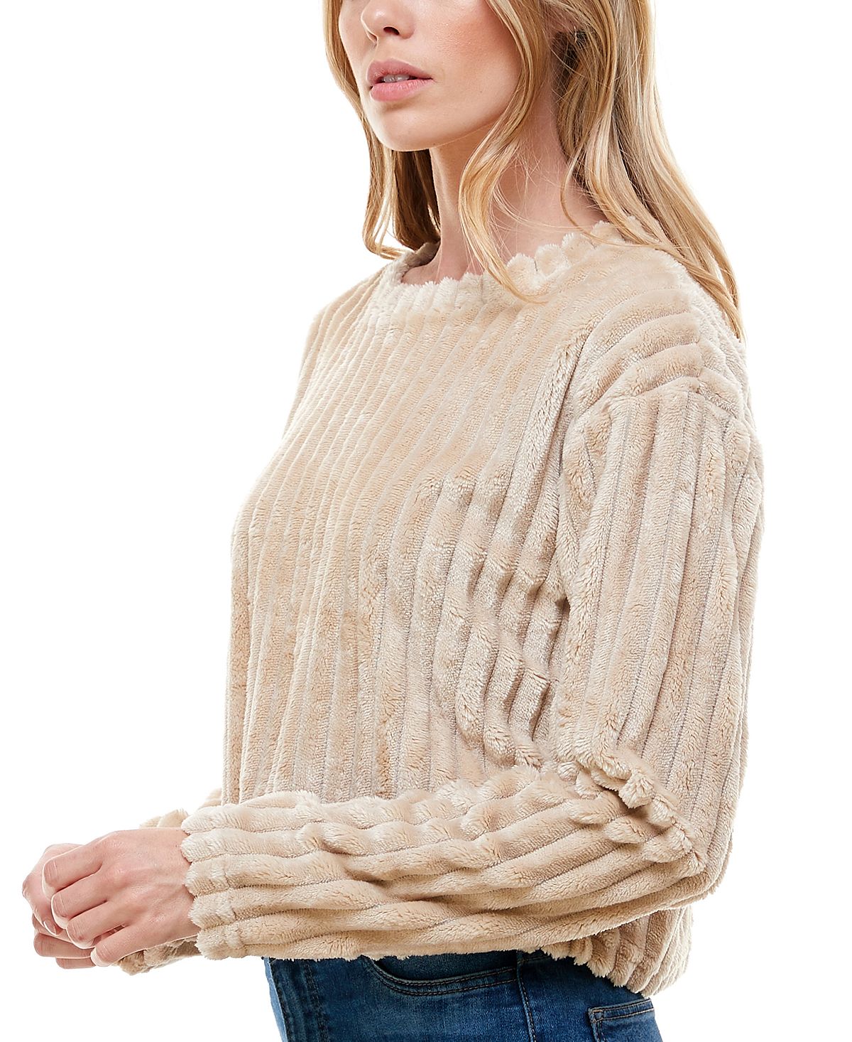 Derek Heart Juniors' Ribbed Faux-fur Top Cement