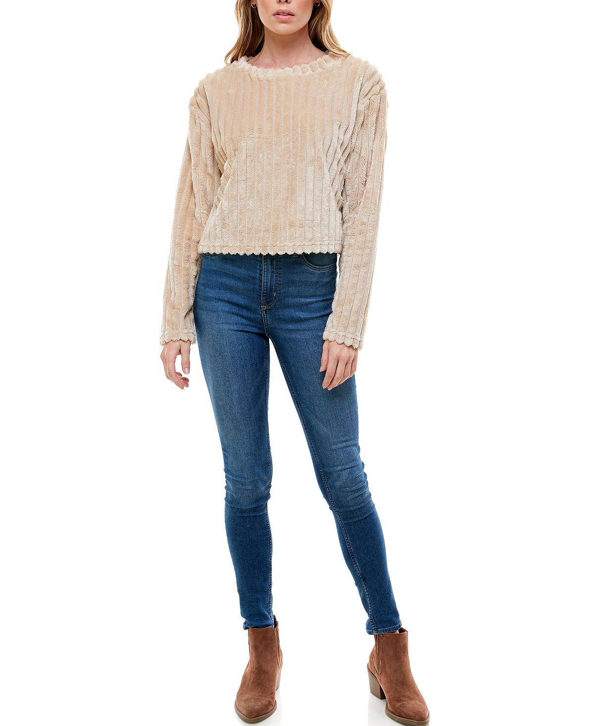 Derek Heart Juniors' Ribbed Faux-fur Top Cement