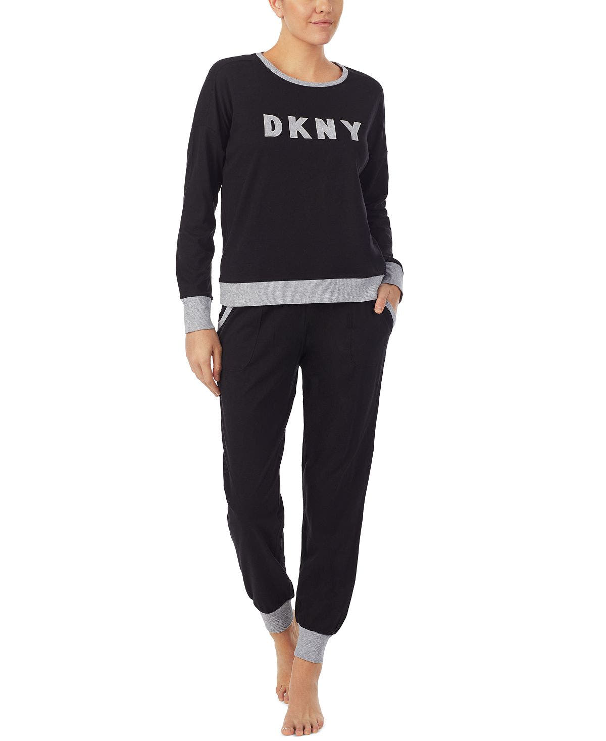 Dkny Embroidered Logo Top & Jogger Pants Pajamas Set Black