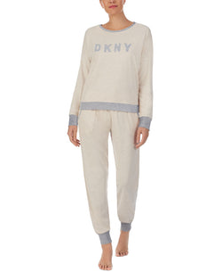 Dkny Embroidered Logo Top & Jogger Pants Pajamas Set Oatmeal thumbnail 1