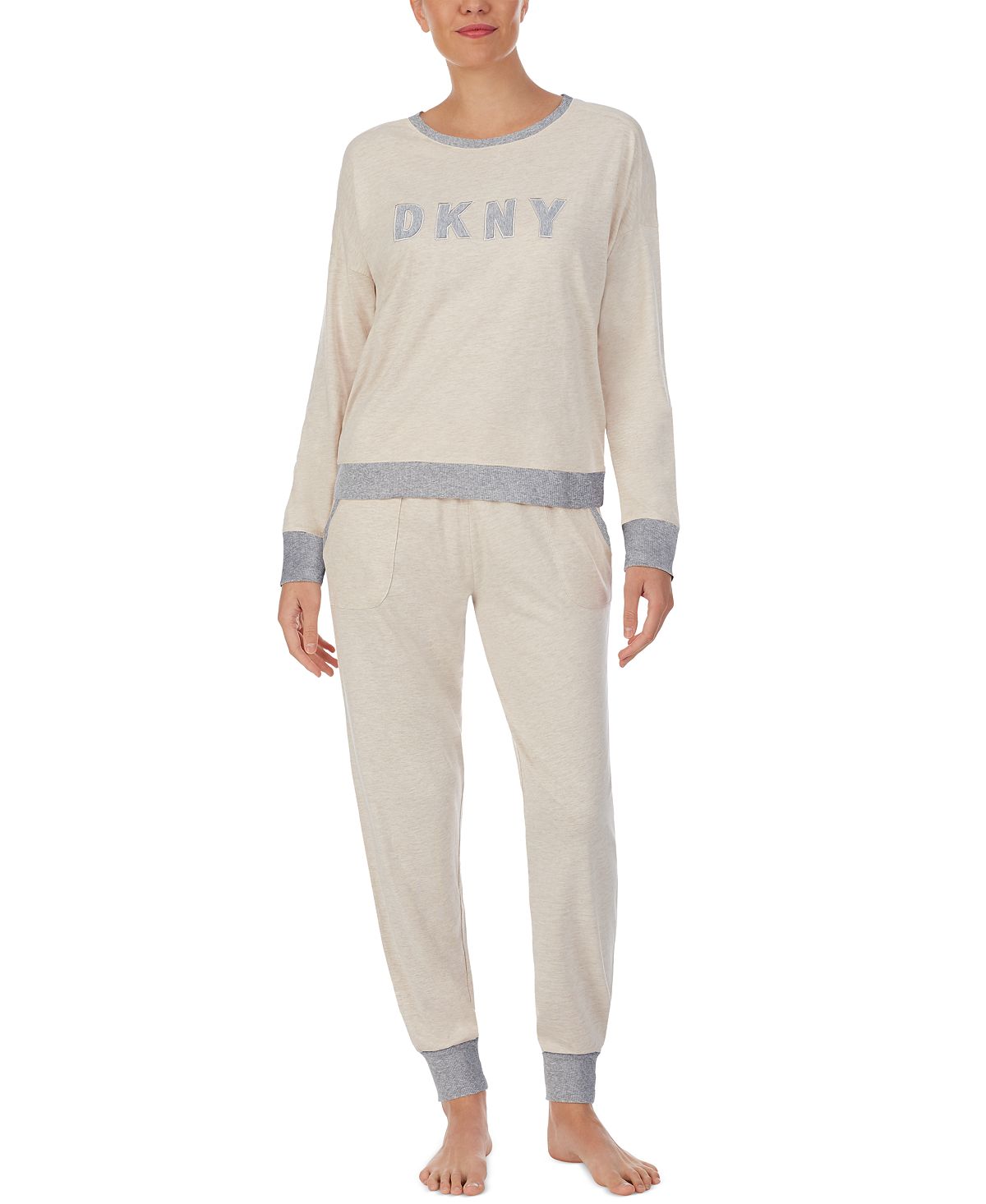 Dkny Embroidered Logo Top & Jogger Pants Pajamas Set Oatmeal