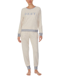 Dkny Embroidered Logo Top & Jogger Pants Pajamas Set Oatmeal thumbnail 2