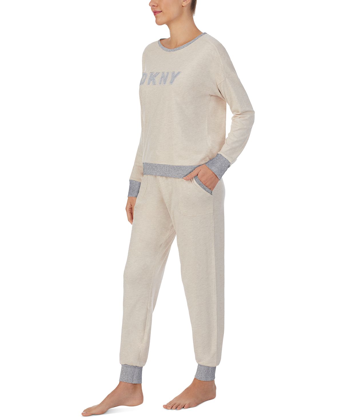 Dkny Embroidered Logo Top & Jogger Pants Pajamas Set Oatmeal
