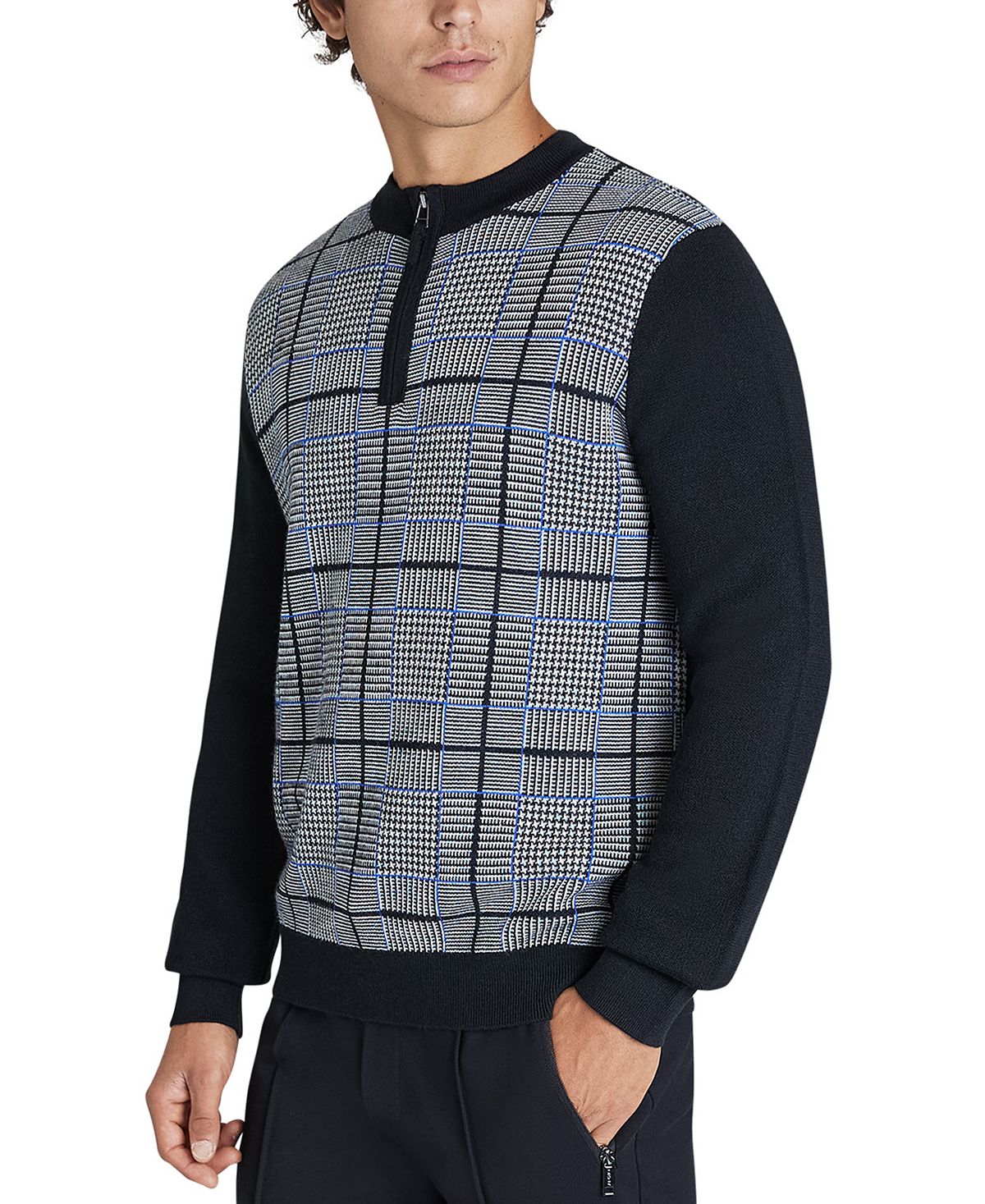 Dkny Plaid Jacquard Quarter-zip Sweater Black