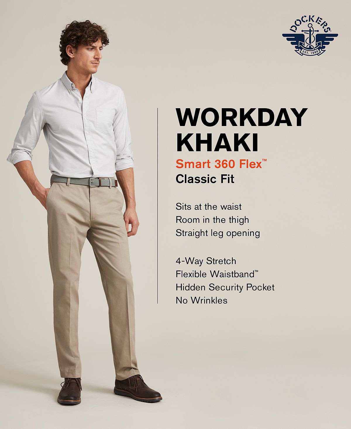 Dockers Workday Smart 360 Flex Classic Fit Khaki Stretch Pants Med Brown