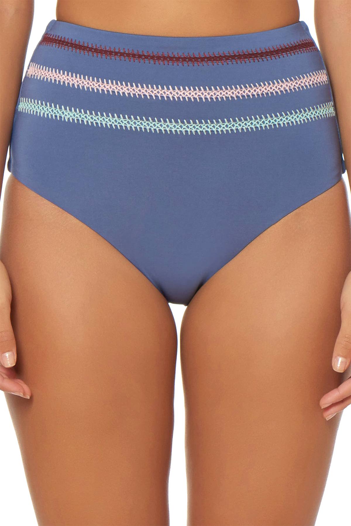 Dolce Vita Embroidered High Waist Bikini Bottom in Pigeon Blue