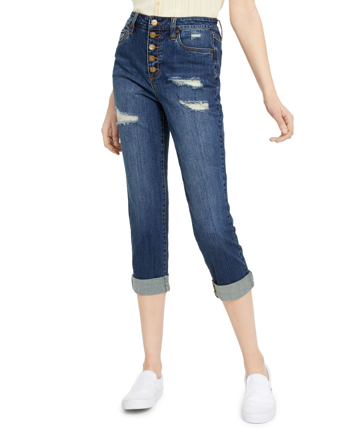 Dollhouse Juniors' Roll-cuff Button-fly Jeans Driftwood Wash