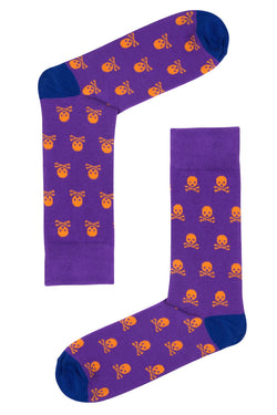 Drake & Hutch Purple/Orange 'Skull n Bones' Unisex Crew Socks thumbnail 1