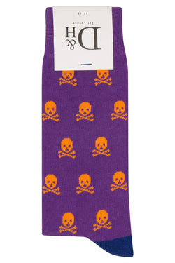 Drake & Hutch Purple/Orange 'Skull n Bones' Unisex Crew Socks thumbnail 2