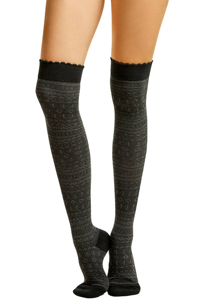 ET TU Black/Charcoal Aztec-Textured Over The Knee Socks