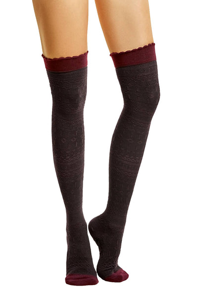 ET TU Wine/Charcoal Aztec-Textured Over The Knee Socks