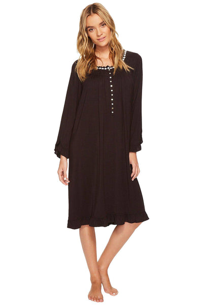 Eileen West Black/White-Trim Long-Sleeve Waltz Nightgown