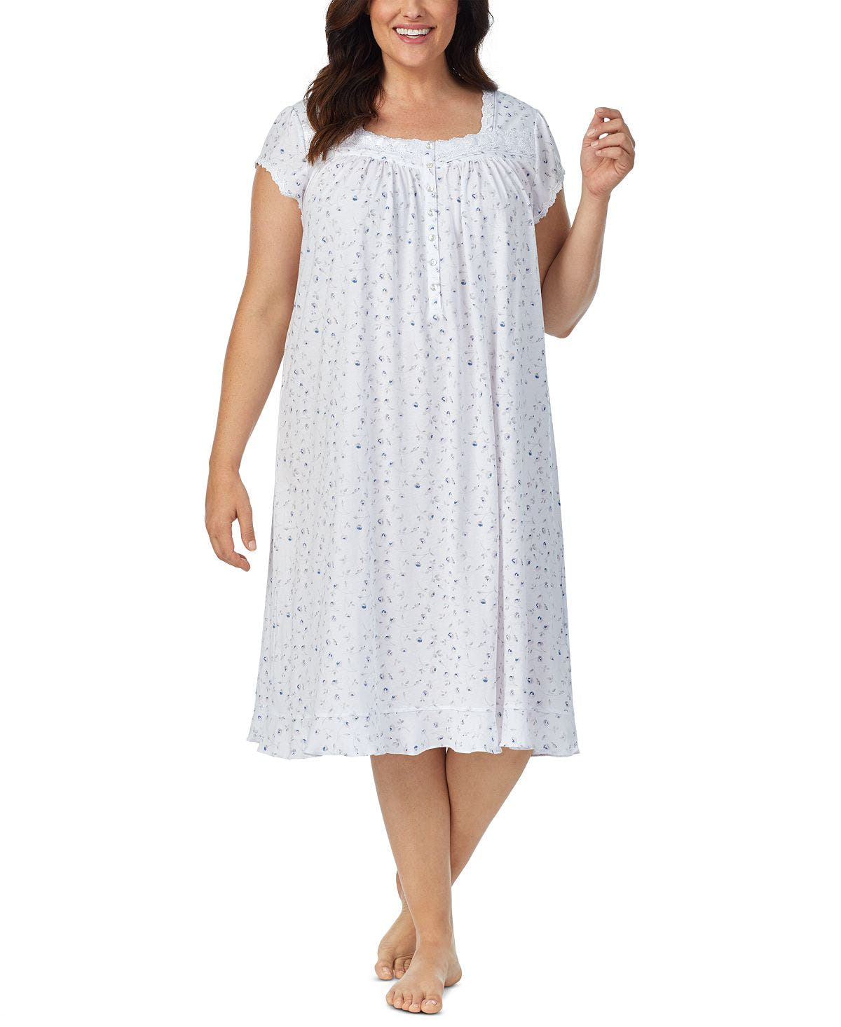Eileen West Cotton Lace-trim Jersey Knit Nightgown Sm Flora