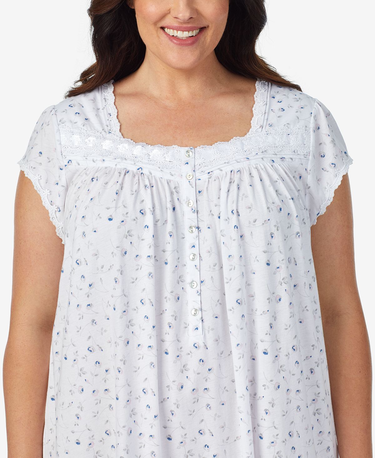 Eileen West Cotton Lace-trim Jersey Knit Nightgown Sm Flora