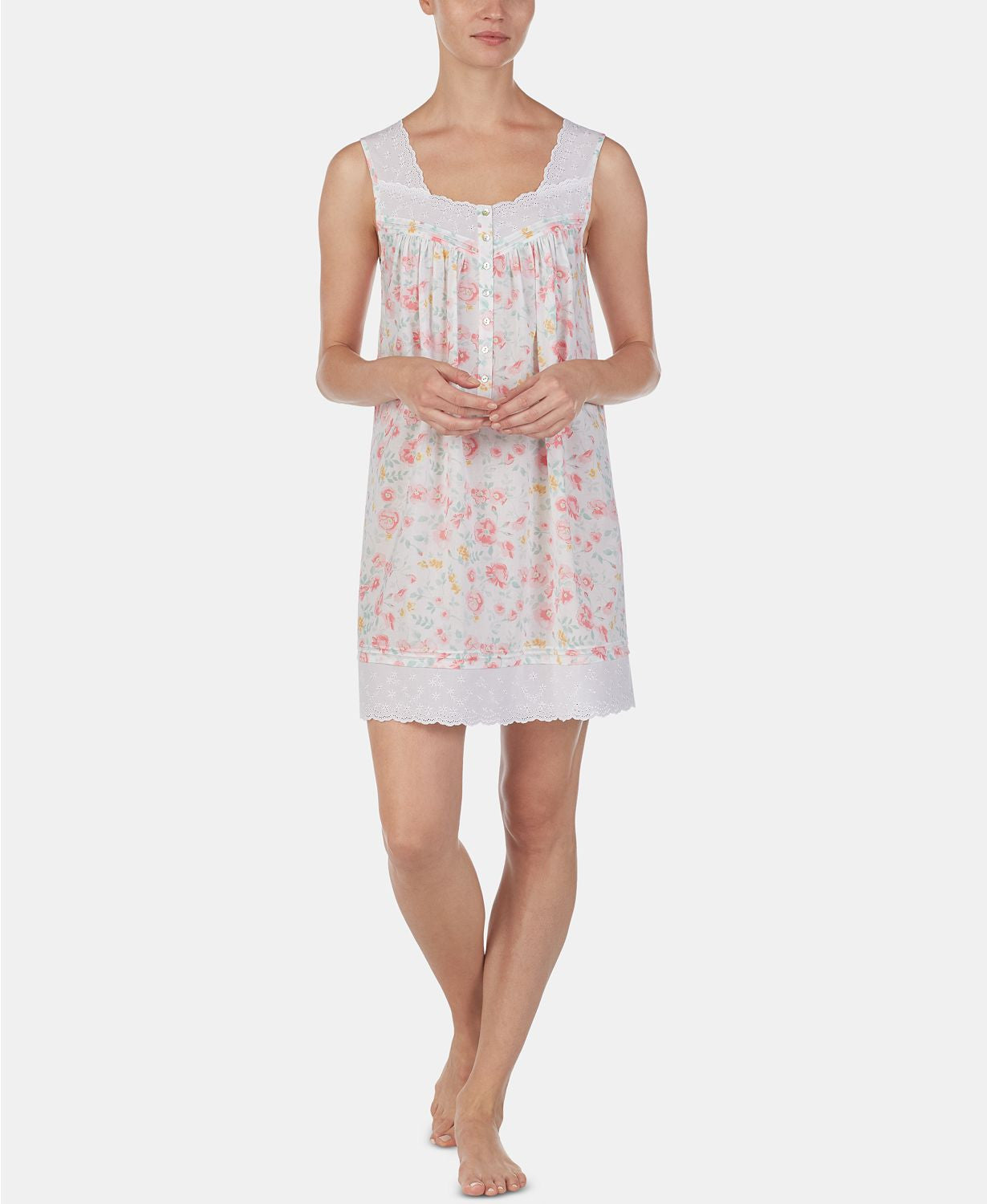 Eileen West Eyelet Trim Floral Print Cotton Nightgown in Watercolor