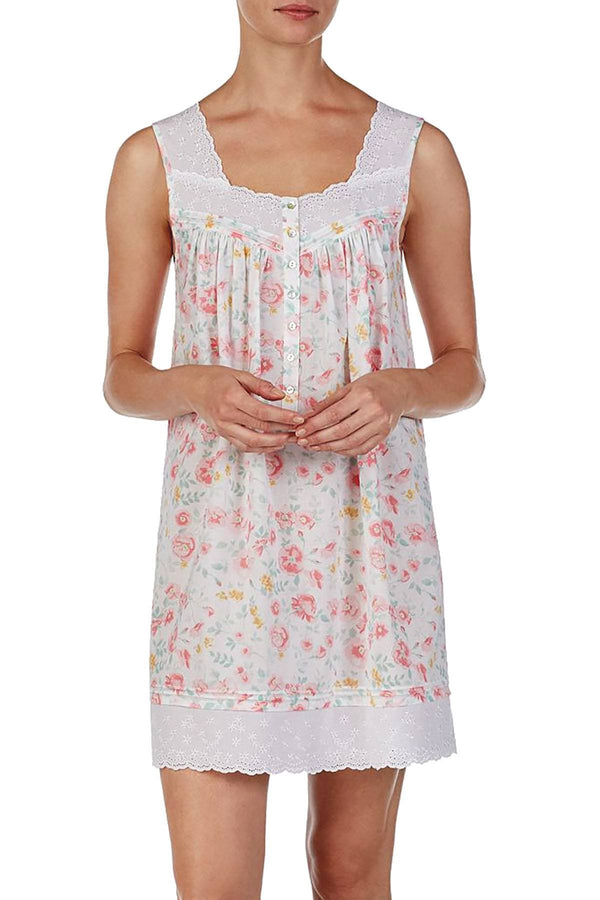 Eileen West Eyelet Trim Floral Print Cotton Nightgown in Watercolor
