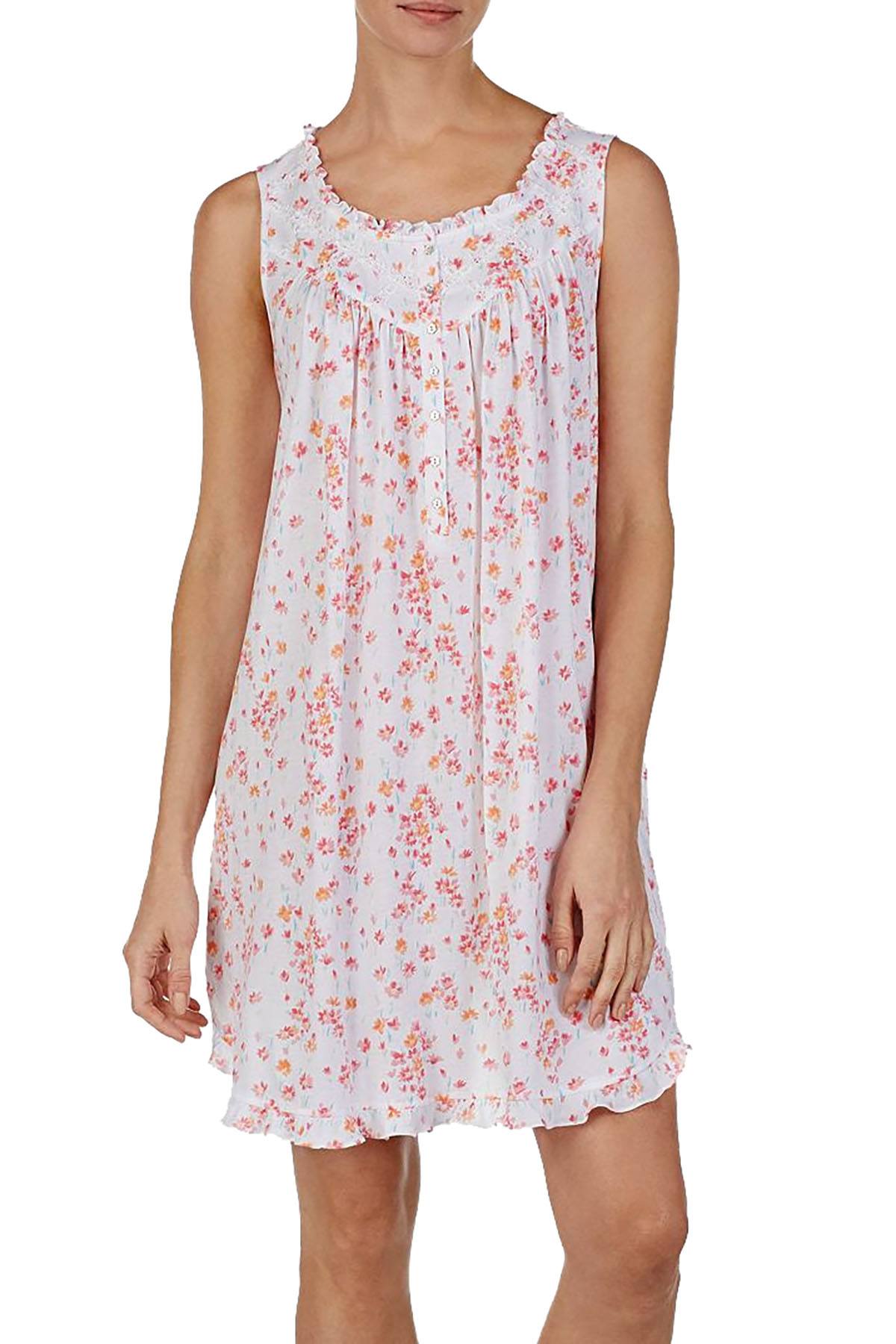 Eileen West Floral Printed Ruffled Cotton Knit Nightgown in White/Multi
