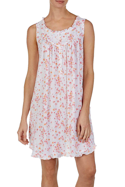 Eileen West Floral Printed Ruffled Cotton Knit Nightgown in White/Multi