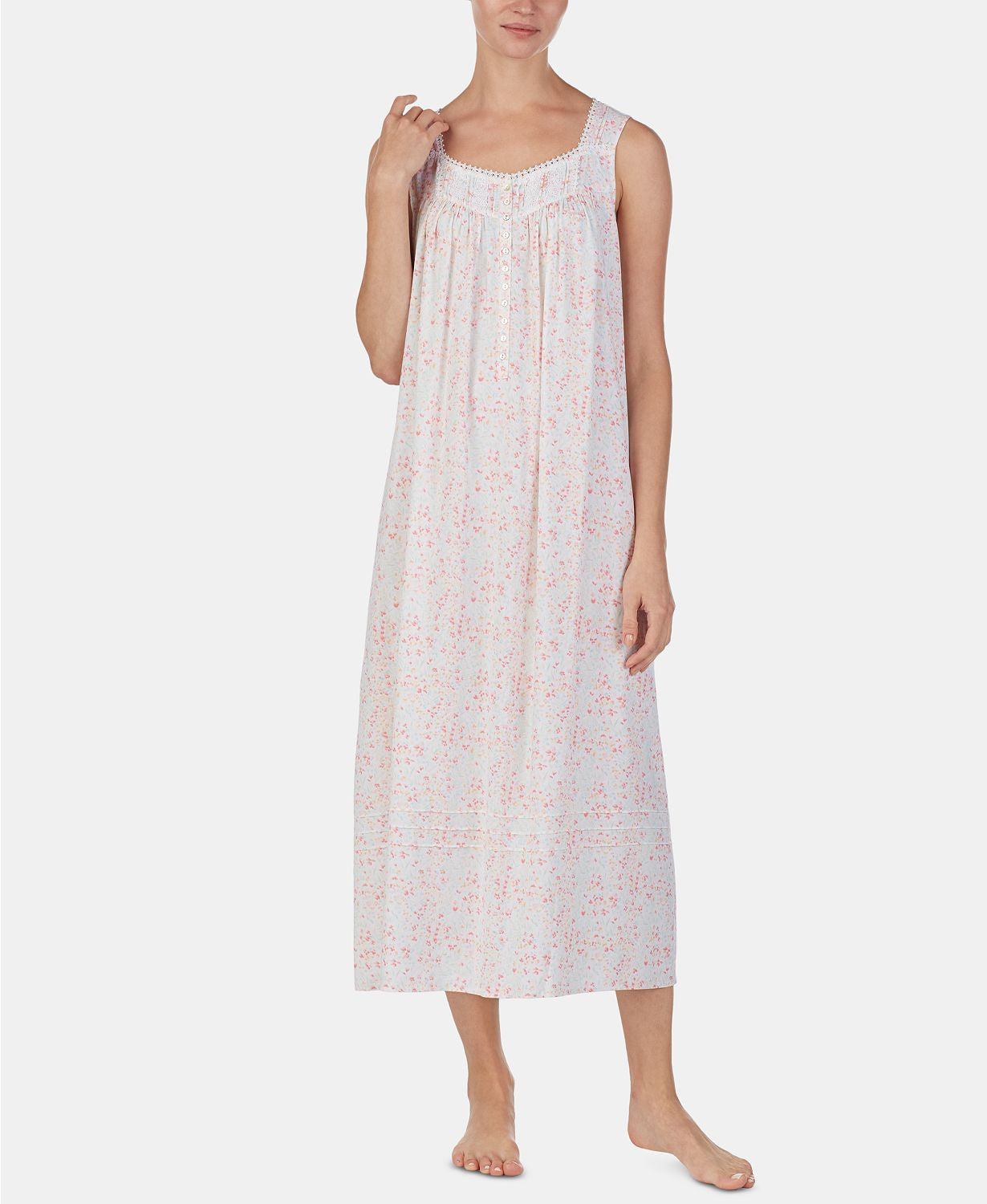Eileen West Lace Trim Printed Ballet Length Nightgown in White/Multicolor
