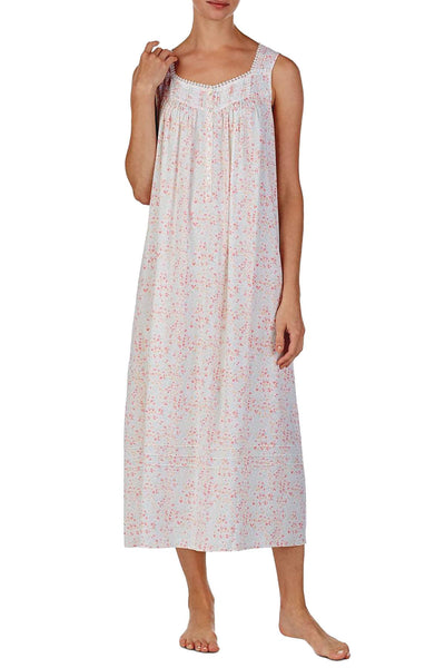 Eileen West Lace Trim Printed Ballet Length Nightgown in White/Multicolor
