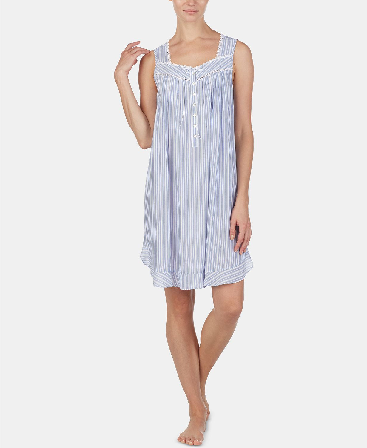 Eileen West Lace Trim Printed Chemise in Blue Stripe