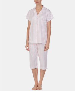 Eileen West Lace Trim Top/Capri Pant Cotton Knit PJ Set in Pink Geo thumbnail 3