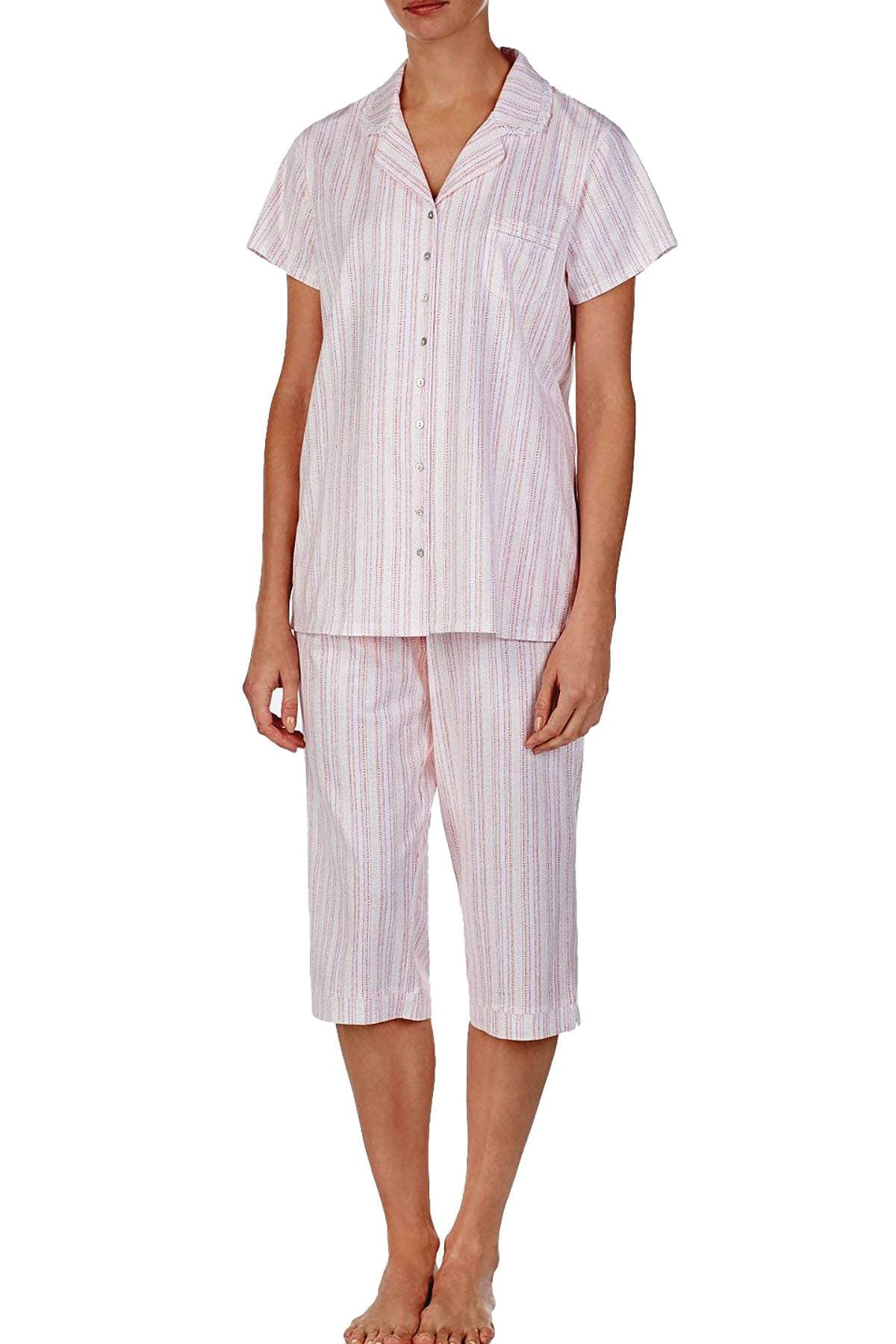 Eileen West Lace Trim Top/Capri Pant Cotton Knit PJ Set in Pink Geo
