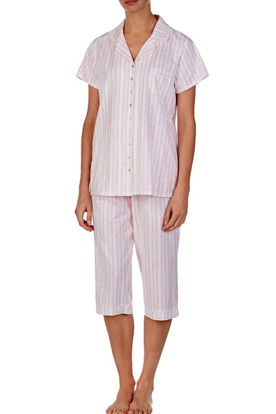 Eileen West Lace Trim Top/Capri Pant Cotton Knit PJ Set in Pink Geo