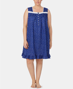 Eileen West PLUS Eyelet Trim Printed Cotton Knit Nightgown in Navy thumbnail 2